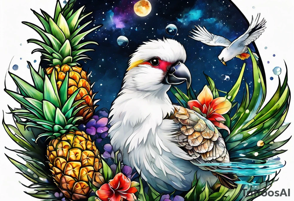 wildlife and birds made of glass in Amsterdam canal in space with pineapples tattoo idea