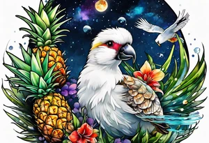 wildlife and birds made of glass in Amsterdam canal in space with pineapples tattoo idea