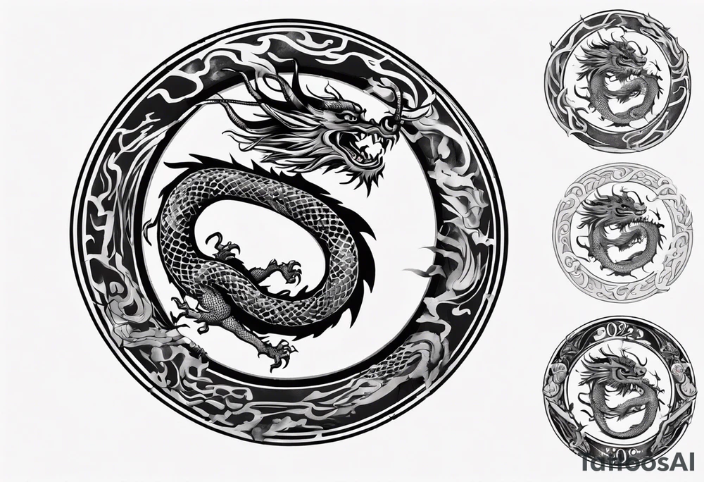 Chinese dragon in a circular shape with "02.03" written on its skin tattoo idea