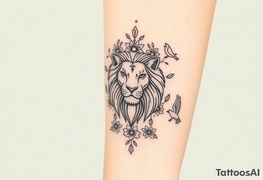 powerful majestic lion with a crown, surrounded by floral ornaments and birds tattoo idea