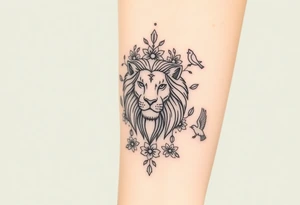 powerful majestic lion with a crown, surrounded by floral ornaments and birds tattoo idea
