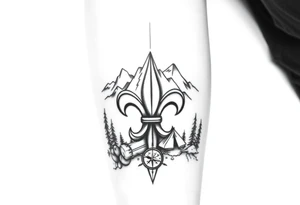 Scouting, camping, nature, fleur de lis, necker, tent, mountain, compass

Black and white or watercolor 
Back of calf tattoo idea