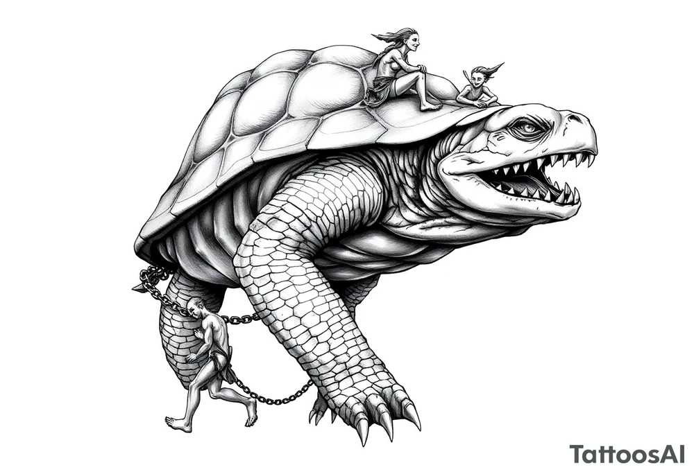 A giant walking 2 slaves on a chain leashan angry turtle with huge teeth with a little man riding on his back tattoo idea
