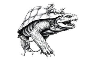 A giant walking 2 slaves on a chain leashan angry turtle with huge teeth with a little man riding on his back tattoo idea