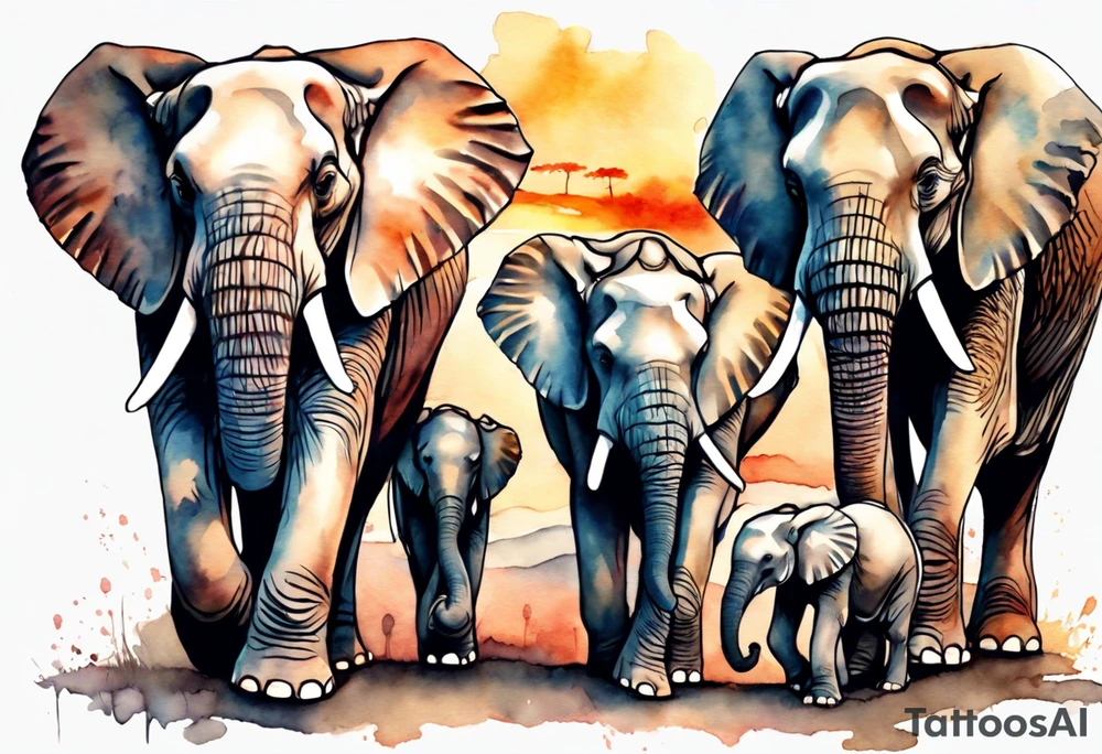 family of 6 elephants walking into sunset after one of them has died tattoo idea
