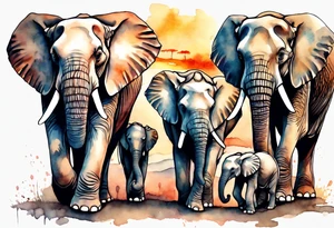 family of 6 elephants walking into sunset after one of them has died tattoo idea