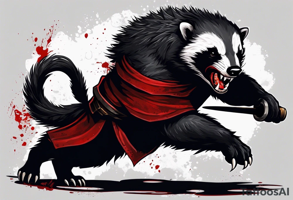 Draw me psychopath Honey Badger/Berserker/Fearless with aggressive full body, killer face with a scary smile, very long nails and he attacks like a Bloody Assassin/Warrior/Gladiator to us and also, he has very deadly looking. He fights with his nails only. Everybody scares after their first sight. Give me horror type Badger Tattoo. I want to see his Realistic full body with no weapons. You can show destruction at the back. tattoo idea
