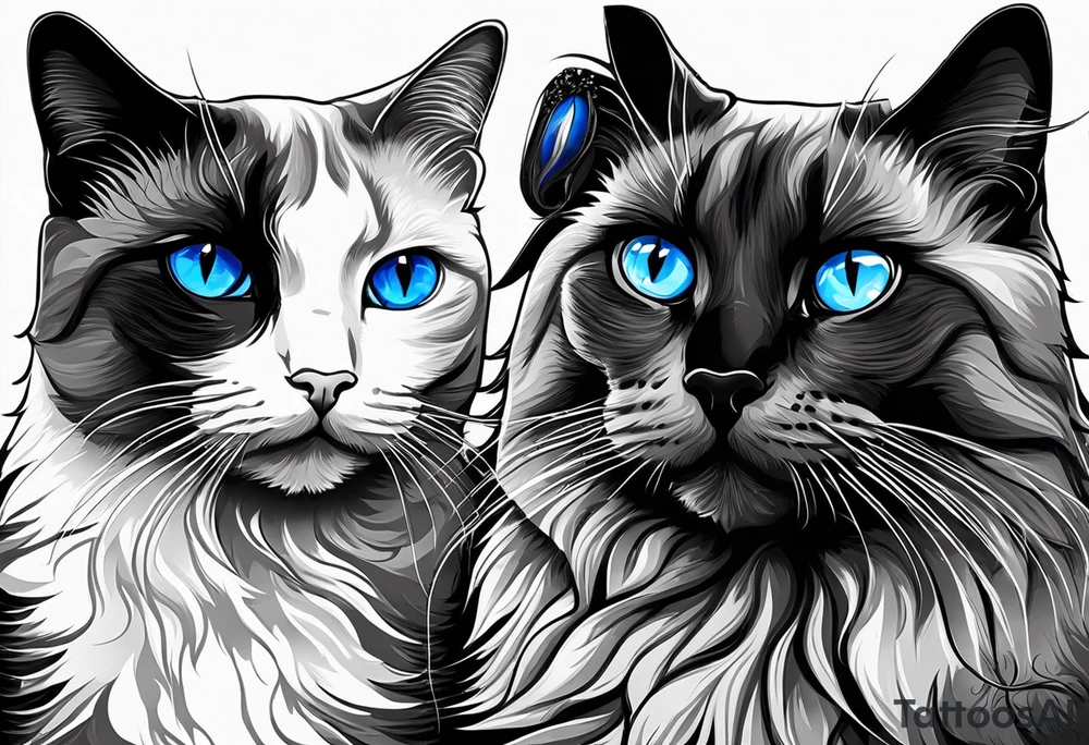 Two cats. One is medium length black and white fur, the other is a medium gray Siamese with blue eyes that are slightly crossed. tattoo idea