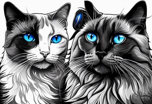 Two cats. One is medium length black and white fur, the other is a medium gray Siamese with blue eyes that are slightly crossed. tattoo idea