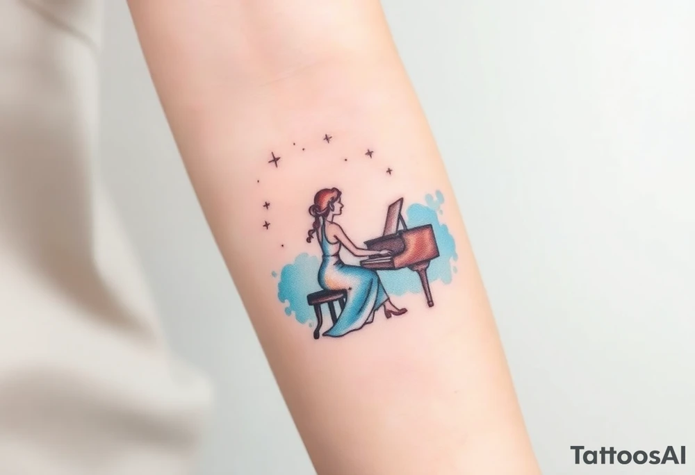 woman playing piano under the stars tattoo idea
