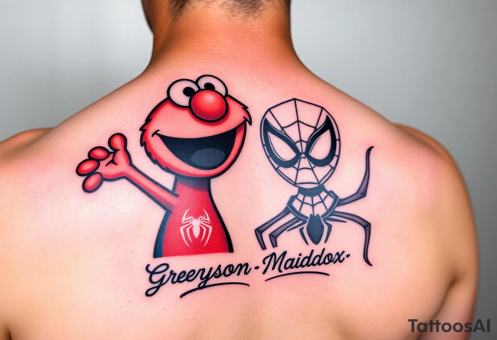 sibling elmo and spiderman tatoo bright colors name greyson and maddox tattoo idea