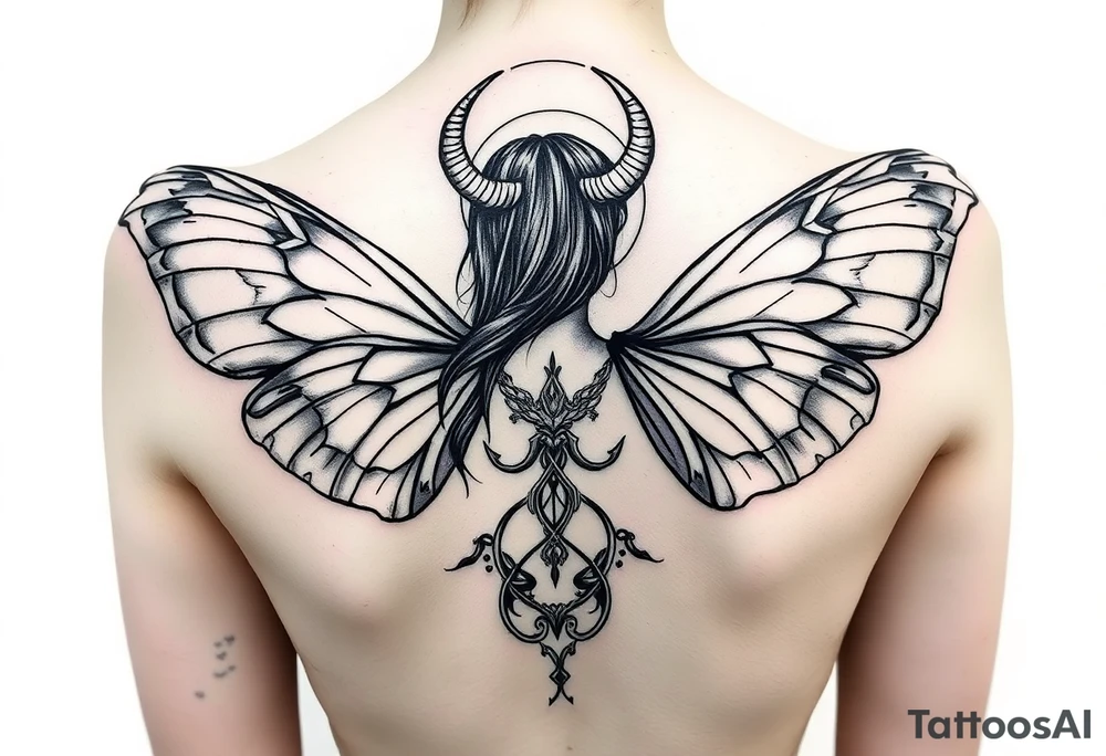 A powerful extremely sexy depiction of a start date with angel wings resembling that of a lunar moth and horns resembling the moths antennas with the son of of her head as if a Halo with two crescent men's off to each side tattoo idea