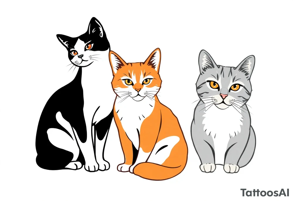 three cats, one black and white cat, one orange and white cat and one grey tabby cat tattoo idea