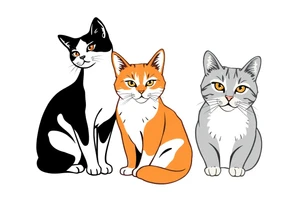 three cats, one black and white cat, one orange and white cat and one grey tabby cat tattoo idea