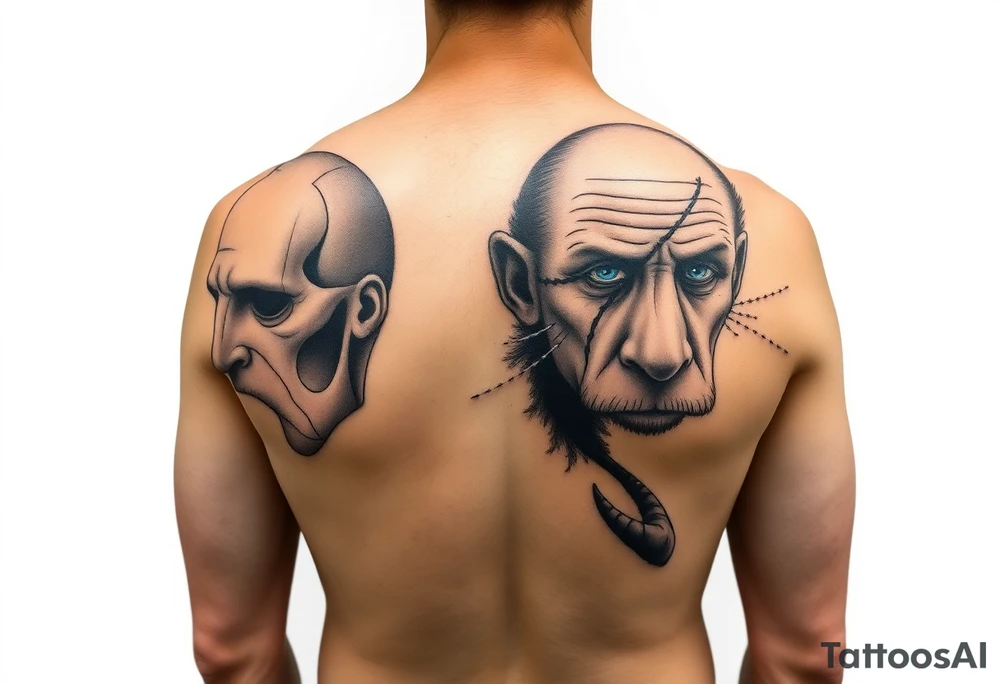 a male half sleeve with assymetric extensions above the elbow and till wrist. showing this sculpture of thanatos from wikipedia on one side and an old poised , calm and confident lio with battle scar over eye , blue eyes and the scar and a few whiskers in white on the other side. realistic style blended to create a bold half sleeve. the sculpture of thanatos is  real, peaceful old sculpture in stone on the wikipedia page with the area of it broken down in dotwork and texture creating depth and detail tattoo idea
