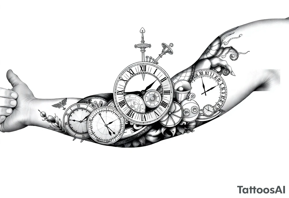 I want to create a sleeve for my left arm with elements if time and music and the dates 19.04.2019 and 28.01.2022 in Roman numerals tattoo idea