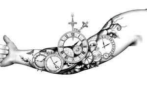 I want to create a sleeve for my left arm with elements if time and music and the dates 19.04.2019 and 28.01.2022 in Roman numerals tattoo idea