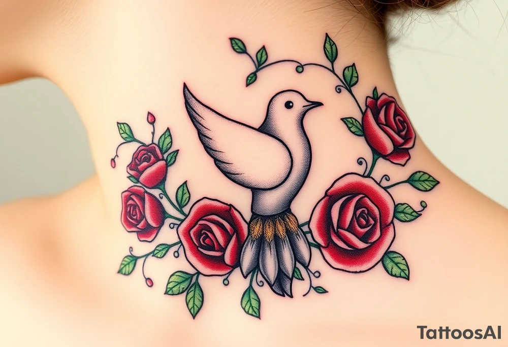 A collared dove surrounded by swirling vines and roses, with the dove in light gray and soft white, and the vines in green with hints of deep red for the roses tattoo idea