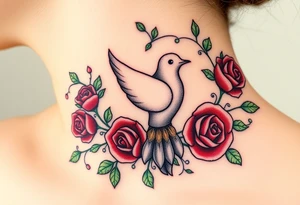 A collared dove surrounded by swirling vines and roses, with the dove in light gray and soft white, and the vines in green with hints of deep red for the roses tattoo idea