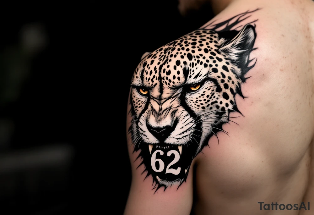 angry cheetah with the number 62 in its mouth tattoo idea