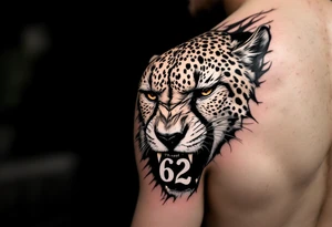 angry cheetah with the number 62 in its mouth tattoo idea