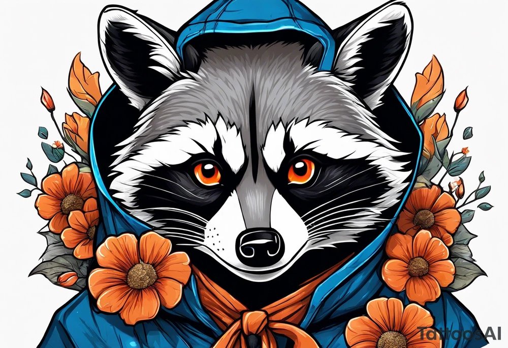 raccoon wearing a Superman hoodie with orange flowers tattoo idea