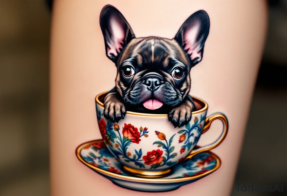 French Bulldog sitting in a teacup, head peeking out with tongue slightly out, brindle fur and cup decorated in floral blue and gold. tattoo idea