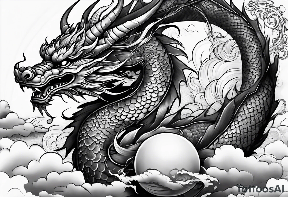 asian dragon holding a sphere, surrounded by cloud tattoo idea