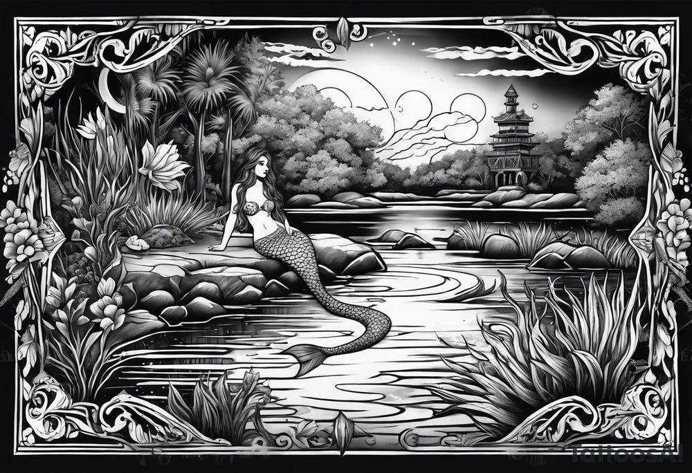 Mermaid swimming in a Louisiana bayou at night tattoo idea