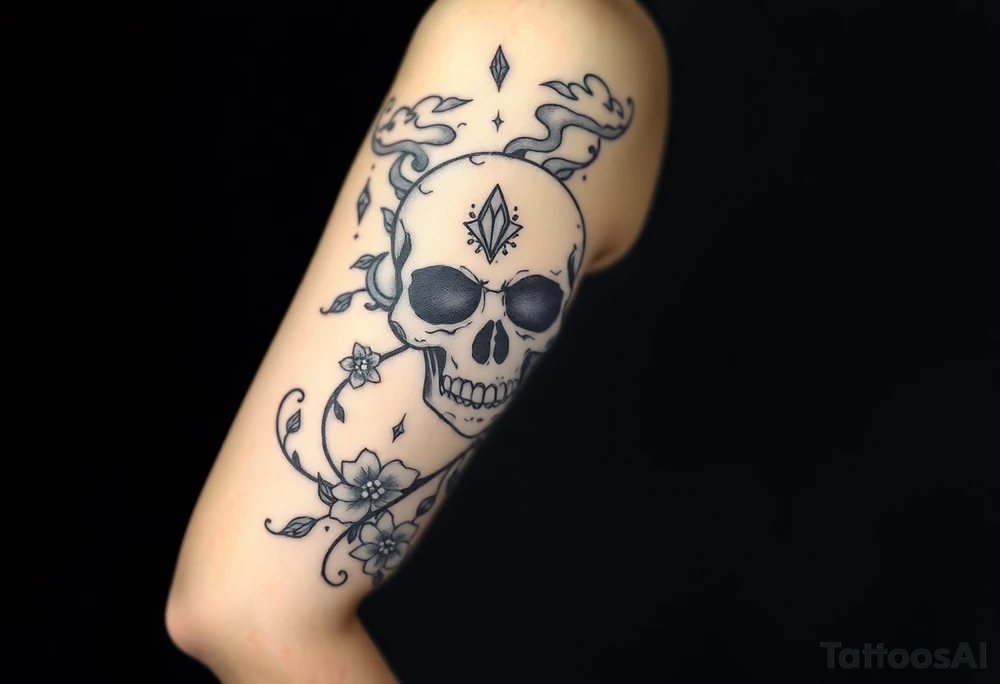 Skull with  jewels underneath 
 stormy skies tattoo idea