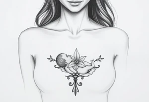 Mère assise  qui allaite son bébé, elle a une fleur de lys relié à son bébé. Ambiance mystique tattoo idea