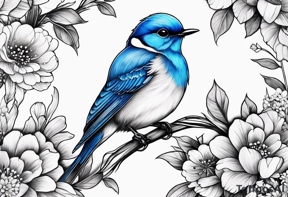 Illustrate a tattoo of a tiny bluebird with intricate feather details, surrounded by small flowers for a feminine touch. tattoo idea