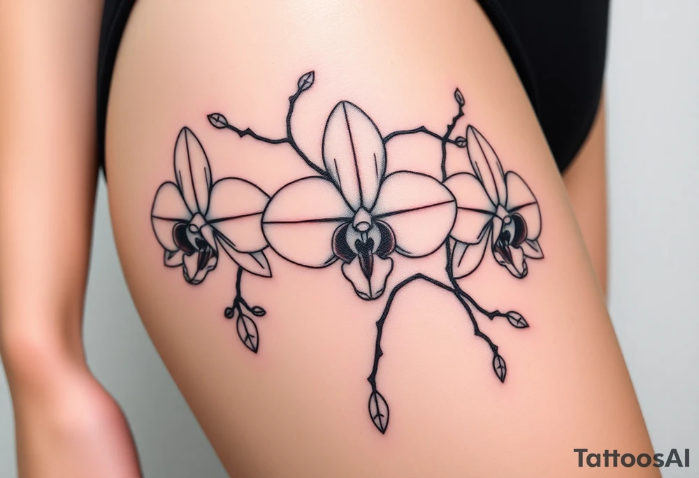 3 delicate fine line orchids realistic with a mix with vagina and branching tattoo idea