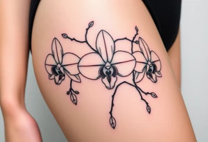 3 delicate fine line orchids realistic with a mix with vagina and branching tattoo idea