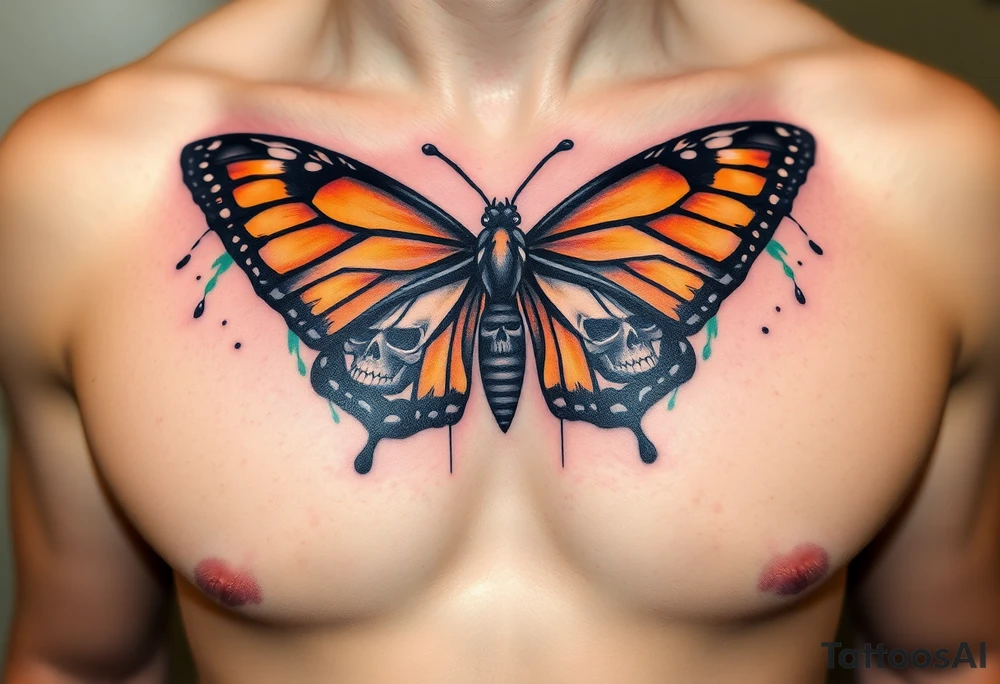 evil powerful majestic and dark monarch butterfly with  graffiti skull detail as the body hidden skulls in wings, skull detail making the body of the butterfly with a horror style effect, including aqua, light orange and green colouring
placement on chest at collarbone tattoo idea