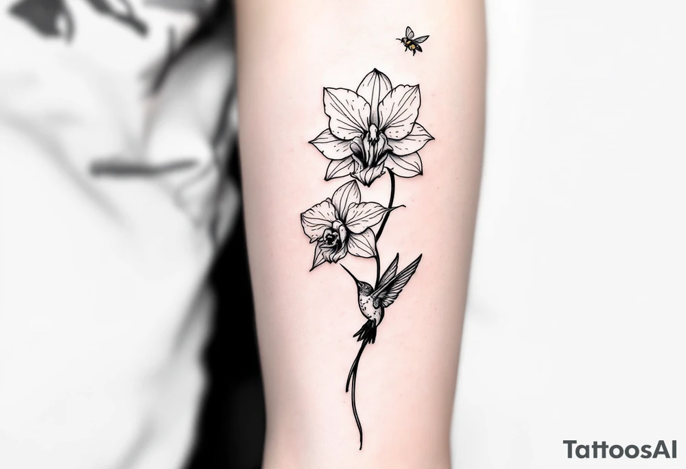 A delicate, black and white fine-line tattoo for male, featuring gracefully detailed 2 orchids in full bloom including their stems, with soft, intricate petals and elegant curves. Beside it, a hummingbird hovers mid-flight, its wings drawn with subtle motion lines, its slender beak reaching toward the orchid’s center to drink its nectar. on the other flower there is a bee that is resting tattoo idea