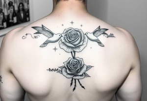 forearm tattoo with clouds doves and a rose (make it  a realistic art style )and grandmothers name that is ":rose" tattoo idea