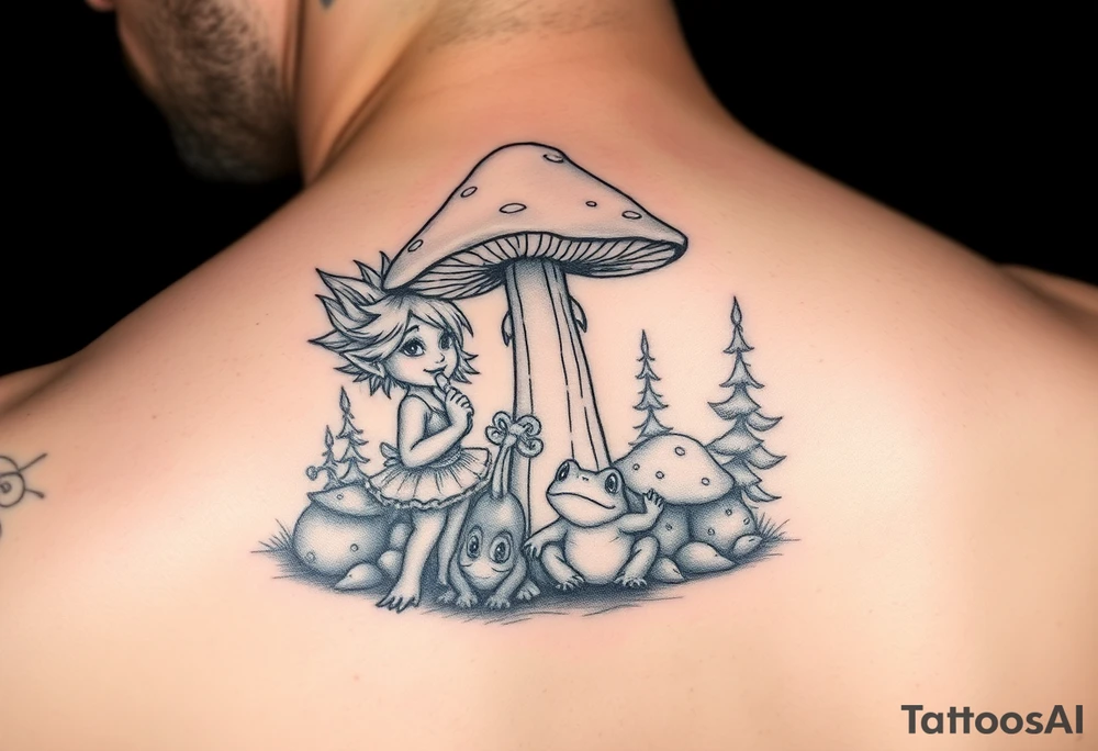 A mystic and majestic mushroom forest with a beautiful female troll eating a lollipop atop of the biggest mushroom with a frog waiting under that same mushroom trying for his chance to become prince charming tattoo idea