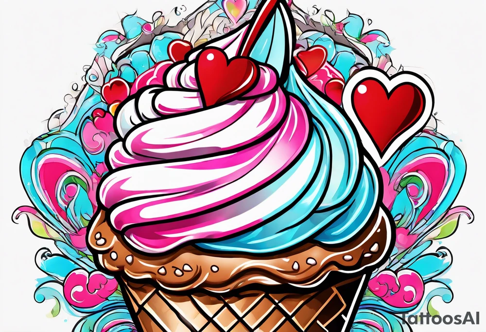 sketch chocolate chip ice cream cone with one red heart tattoo idea