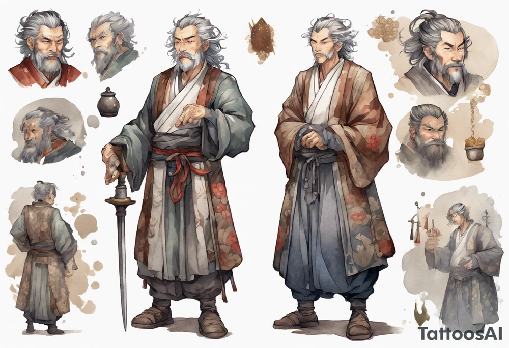 a tall, handsome middle-aged man with salt-and-pepper hair, brown skin, grey eyes wearing medieval clothing standing tattoo idea