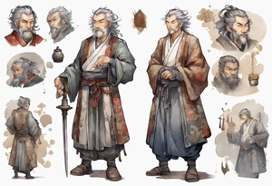 a tall, handsome middle-aged man with salt-and-pepper hair, brown skin, grey eyes wearing medieval clothing standing tattoo idea
