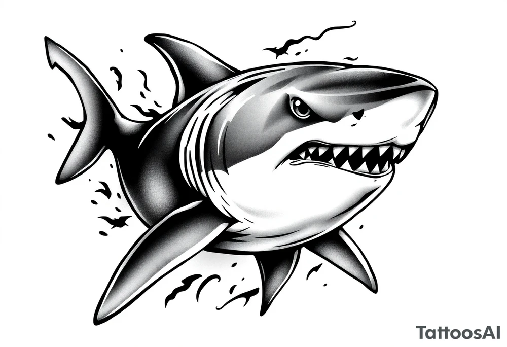 Masculine strong great white shark flowing tattoo idea