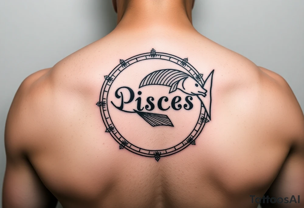 unique zodiac sign around the word Pisces tattoo idea