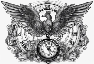 Caduceus with clock at 4:09 and remember to live in latin tattoo idea