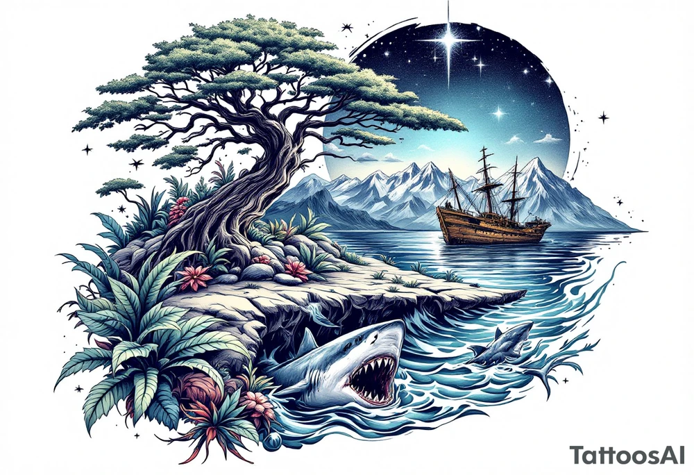 tattoo that has an acacia tree with mountains, ocean with a ship wreck with sharks and the northern star tattoo idea