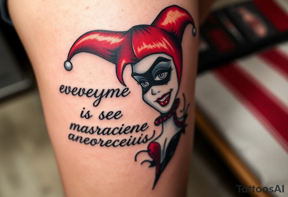powerful Harley Quinn inspired piece using the quote or based of the idea of the quote “everyone has a stranger inside them” representing madness and genius, light and dark, good and evil tattoo idea