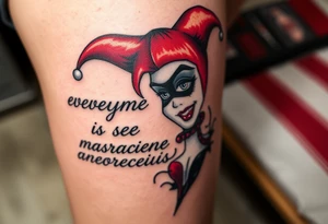 powerful Harley Quinn inspired piece using the quote or based of the idea of the quote “everyone has a stranger inside them” representing madness and genius, light and dark, good and evil tattoo idea