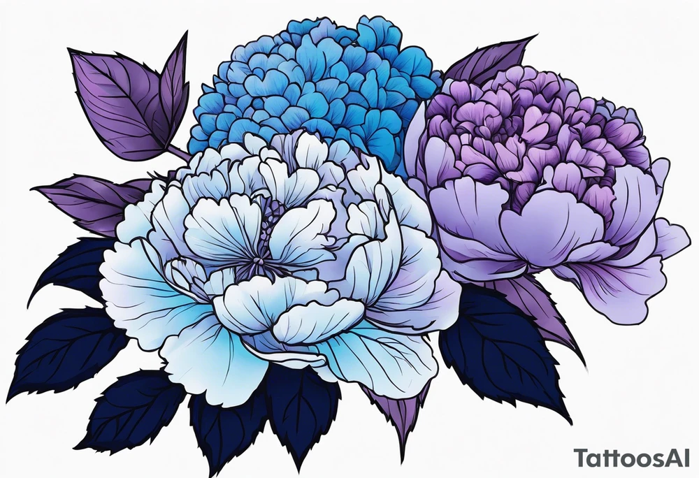 Blue and purple hydrangeas with peonies tattoo idea