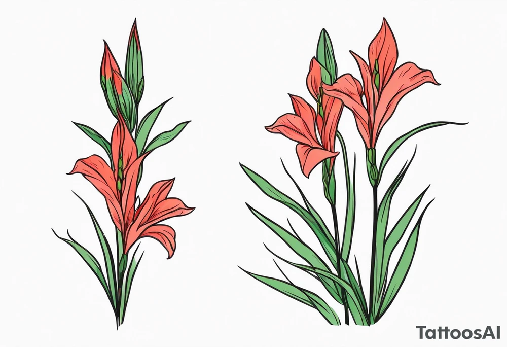 a thin narrow gladiolus stalk. green leaves. coral-colored flowers with red centers. tattoo idea