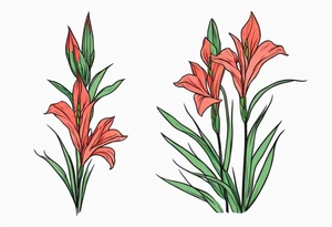 a thin narrow gladiolus stalk. green leaves. coral-colored flowers with red centers. tattoo idea